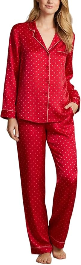 Yiulangde Silk Heart Dot Pajamas for Women Cute Satin Bow Print Long Sleeve Pjs Button Up Lounge ... | Amazon (US)