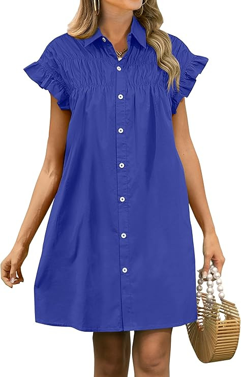 ANRABESS Womens Summer Button Down Shirt Dress Ruffle Short Sleeve Mini Dresses Loose Fit Casual ... | Amazon (US)