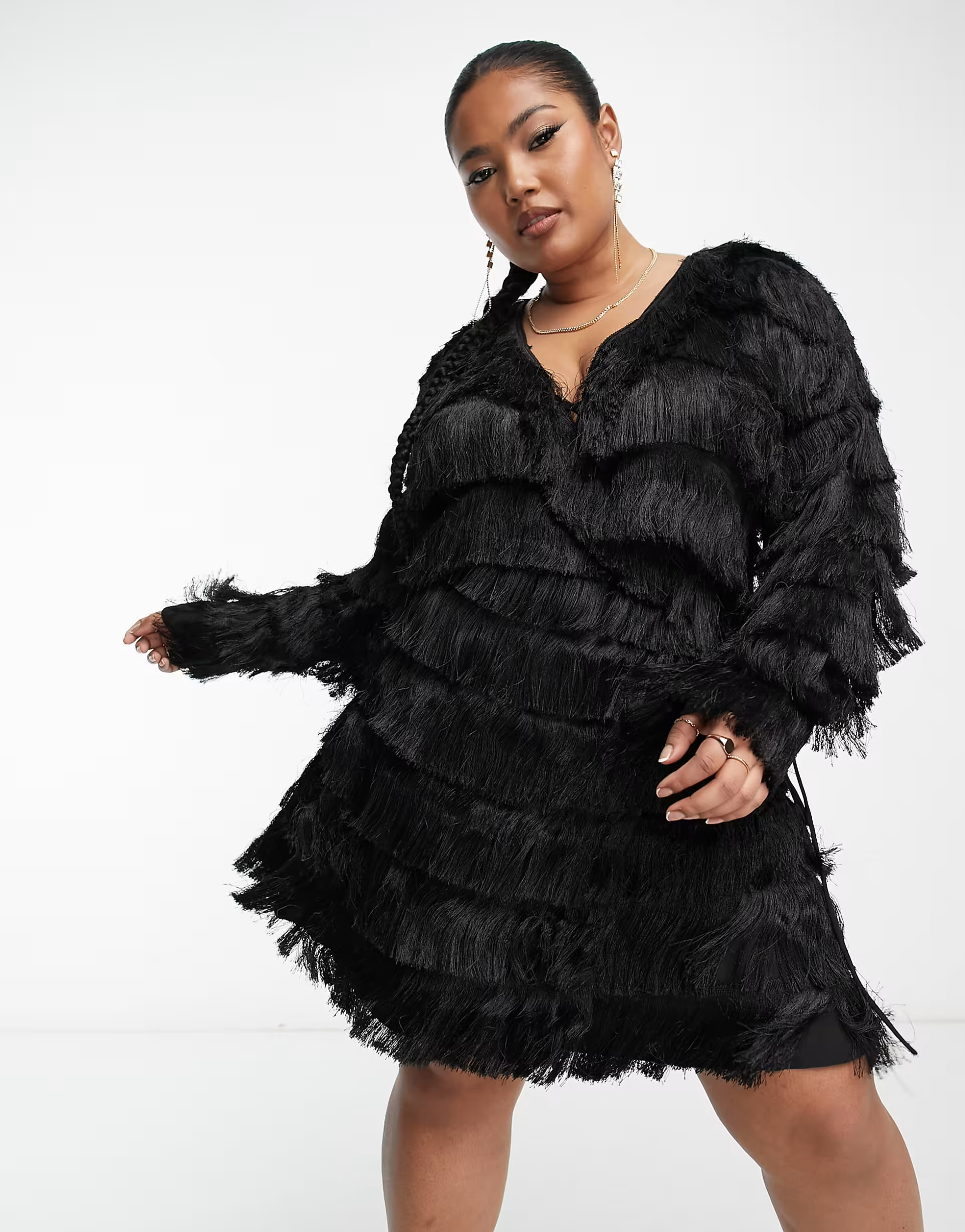 ASOS DESIGN Curve exclusive mini fringe tassle wrap dress in black | ASOS | ASOS (Global)