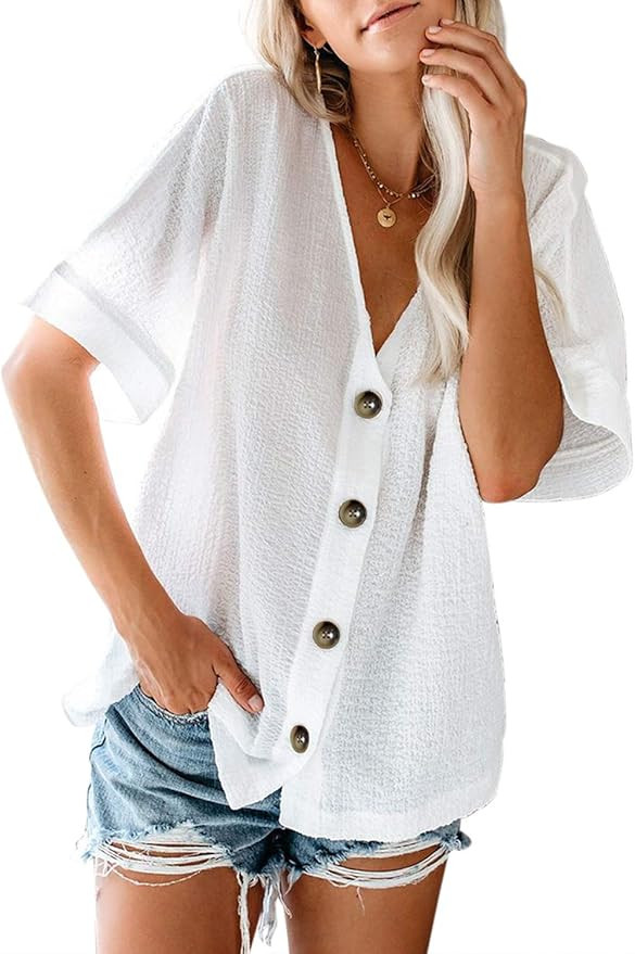 Aleumdr Women's Button Down V Neck Tops Loose Casual Short Sleeve Shirts Blouses | Amazon (US)
