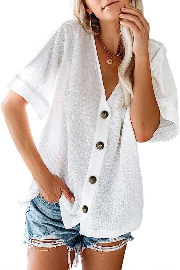 Aleumdr Women's Button Down V Neck Tops Loose Casual Short Sleeve Shirts Blouses | Amazon (US)