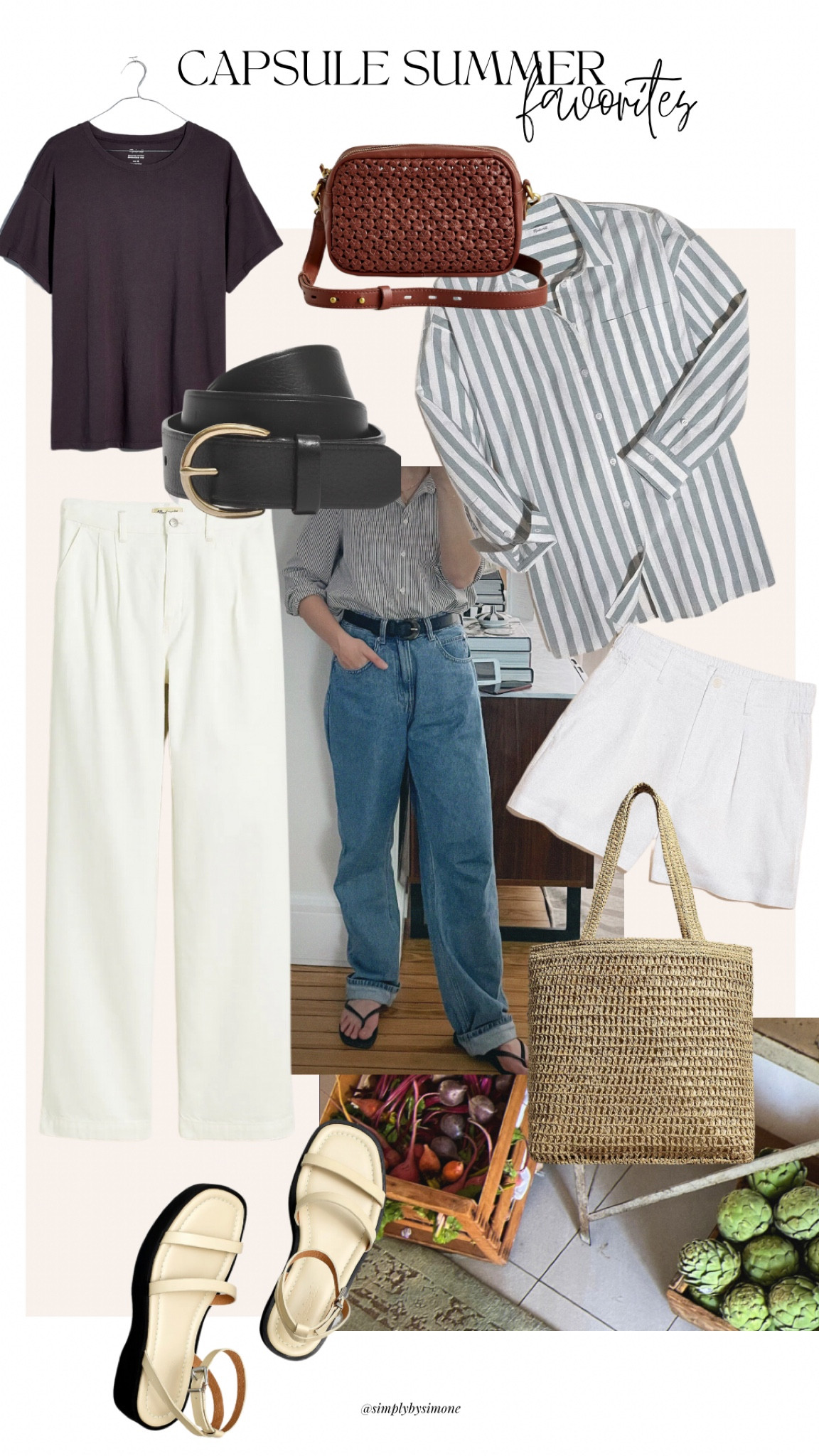 Madewell capsule summer favorites, capsule summer wardrobe must-haves, striped button down, denim trousers, linen shorts, black belt, casual black t-shirt, white sandals

#LTKstyletip