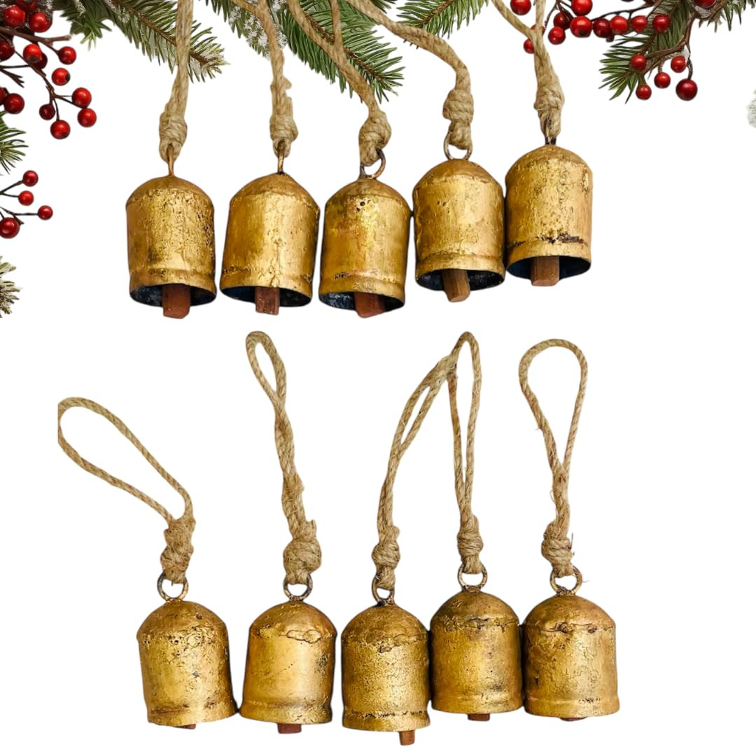 Mie Creations Set of 10 Rustic Vintage Cow Bells, Handmade Christmas Bells on Jute Rope, Decorati... | Amazon (US)