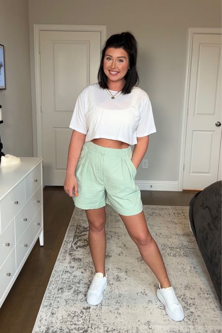Casual way to style tailored linen shorts. Cropped tee is a medium and shoes run slightly small, so size up a half size  

#LTKSeasonal #LTKshoecrush #LTKstyletip