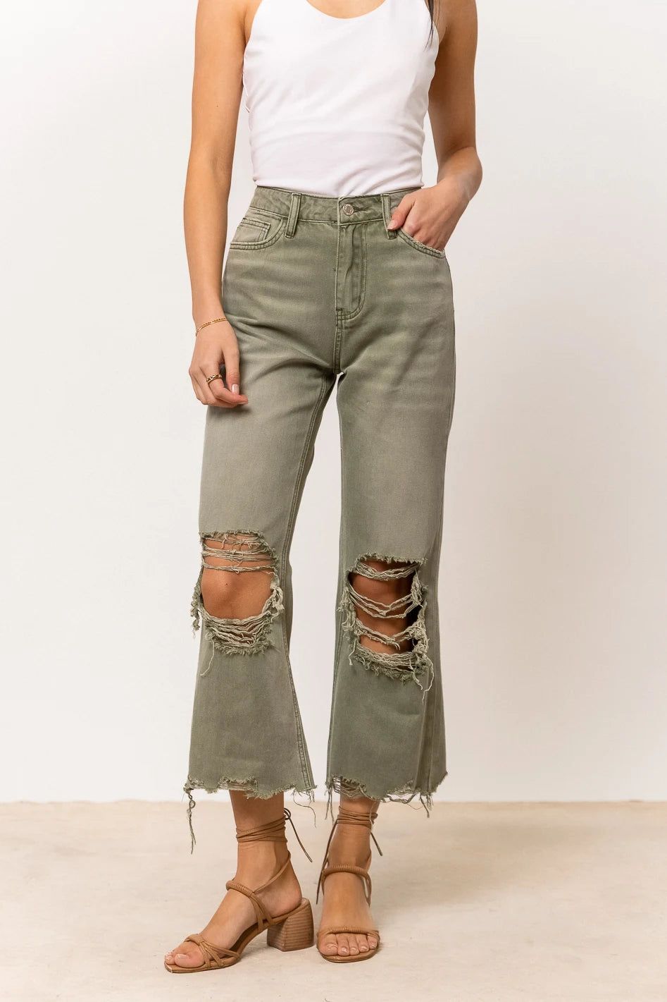 Vervet Charlie Distressed Denim in Olive | Bohme