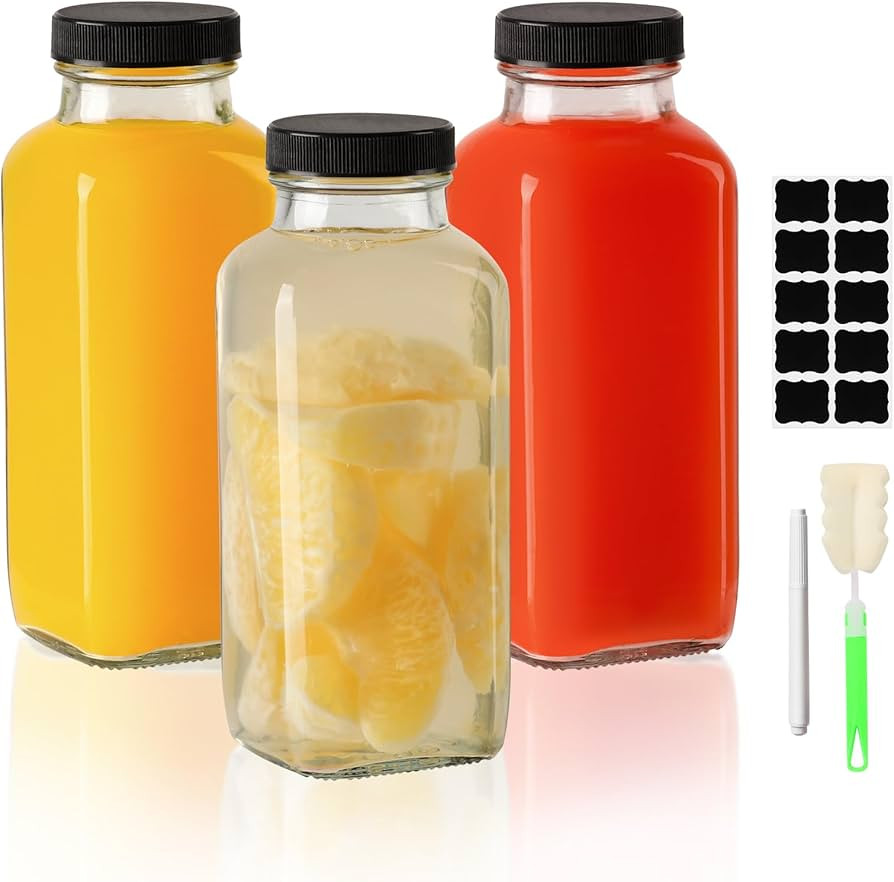 Glass Juice Bottles with Lids 12 oz - 3 Pack Reusable Drink Jars Containers with Labels and Brush... | Amazon (US)