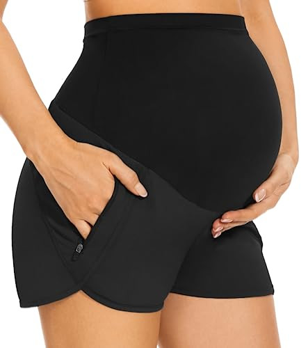 PACBREEZE Women's Maternity Shorts Over Belly Quick Dry Workout Athletic Running Shorts with Zipper Pockets (Black, Medium) | Amazon (US)