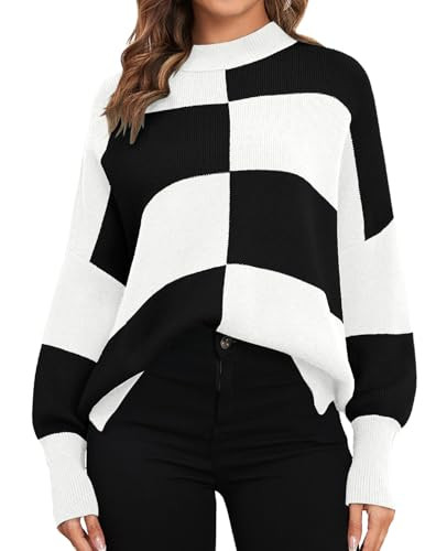 ZAFUL Womens Sweater Pullover Oversized 2025 Trendy Checkered Sweaters Cozy Fall Winter Jumper Tops (Black White,XL) | Amazon (US)
