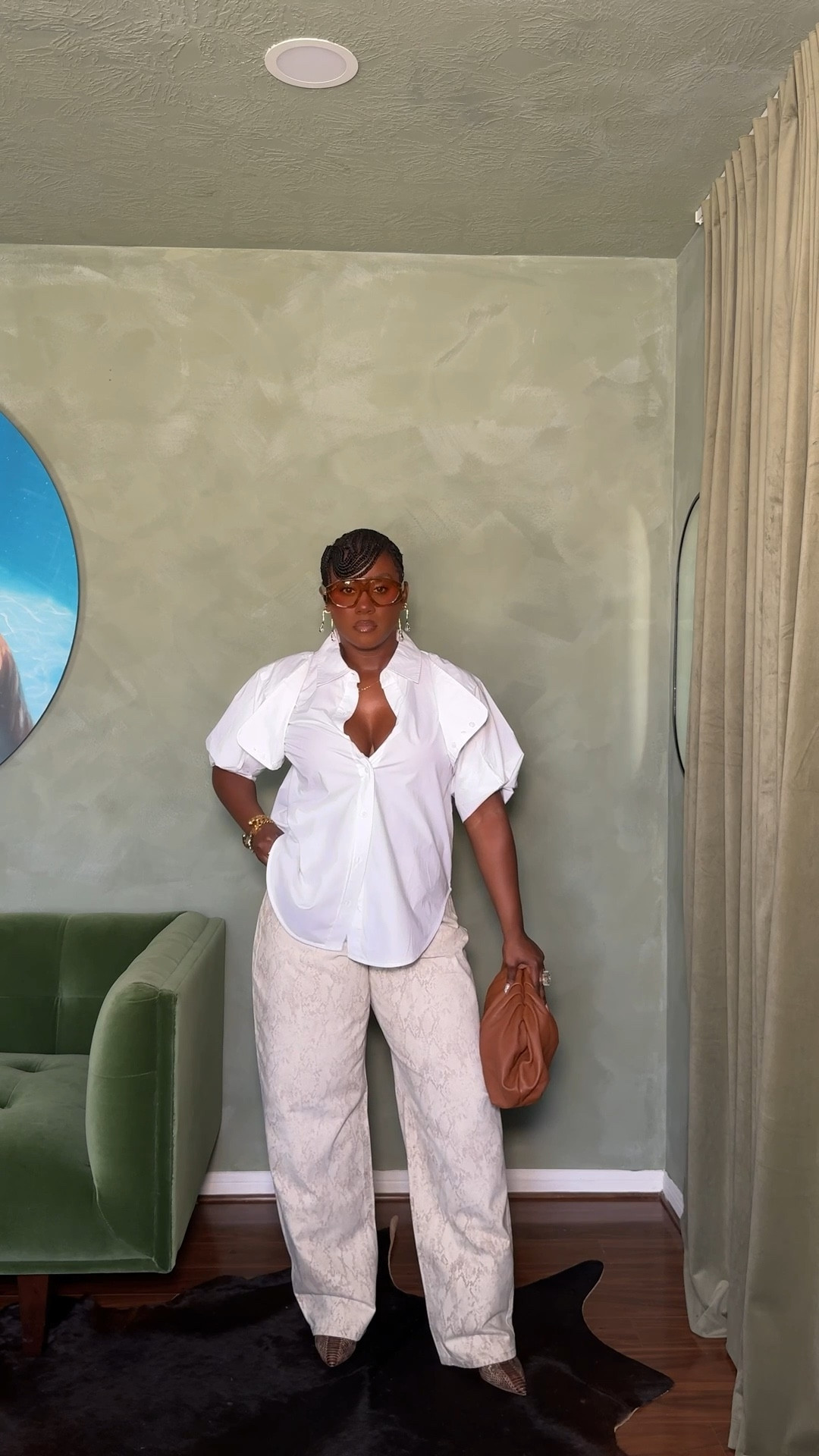 Snake print jeans and convertible white shirt 