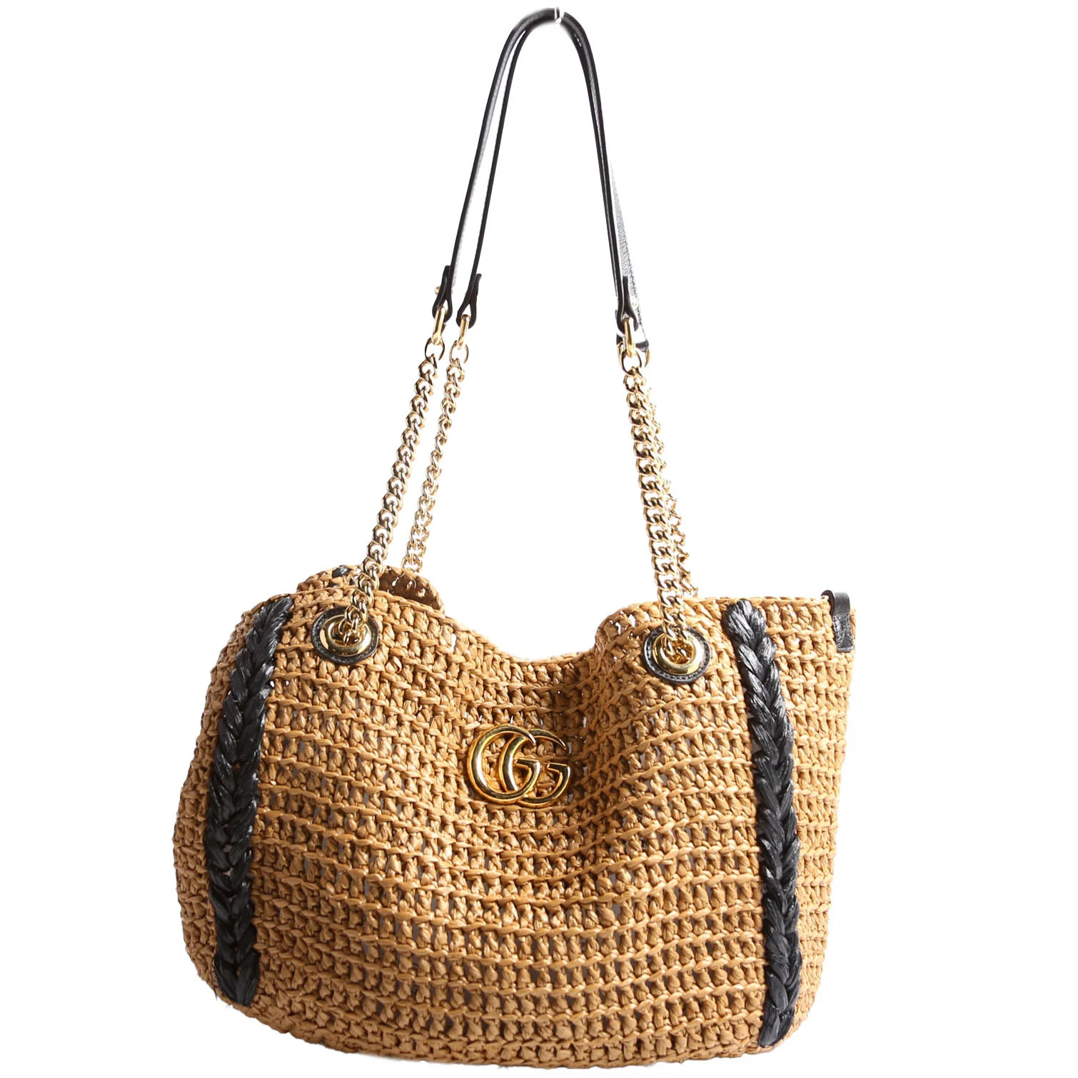 574432 Marmont Raffia Tote Medium Brown/Black | Keeks Designer Handbags