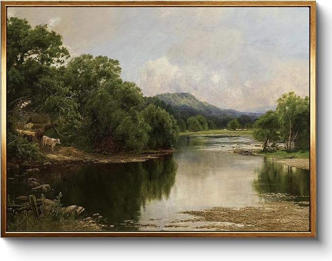 InSimSea Golden Framed Vintage Nature Landscape Canvas Wall Art, Rustic Farmhouse Cows River Gree... | Amazon (US)