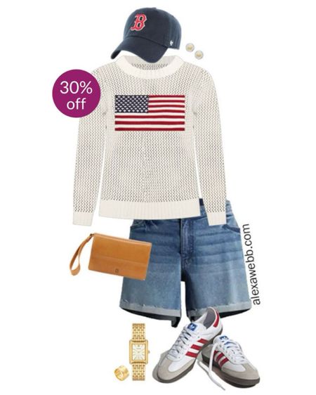 Plus Size Fourth of July Outfits 2024 - Look 1 - An adorable casual plus size outfit idea for Fourth of July with an American flag open-weave sweater and cut-off denim shorts and flat slide sandals. Alexa Webb #plussize

#LTKPlusSize #LTKSaleAlert #LTKStyleTip