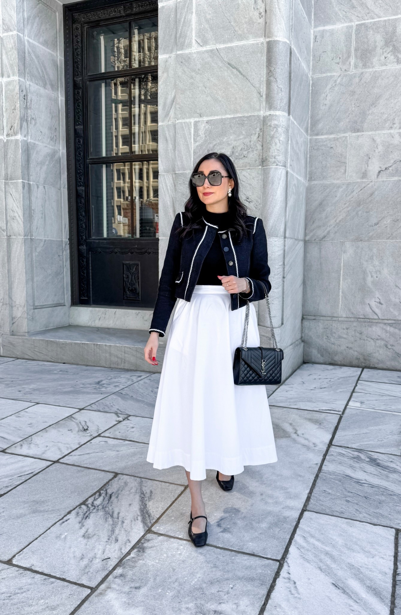 Classy spring outfit 🤍🖤

Black lady jacket 
Black sleeveless shell 
White midi skirt 50% off
Black Mary Jane flats 

Work wear 
Brunch outfit 

#LTKSeasonal #LTKSaleAlert #LTKWorkwear