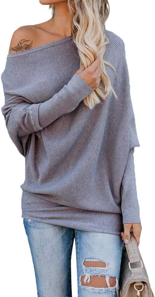 Women's Oversized Off Shoulder Batwing Sleeve Ribbed Shirt Loose Pullover Tops | Amazon (US)