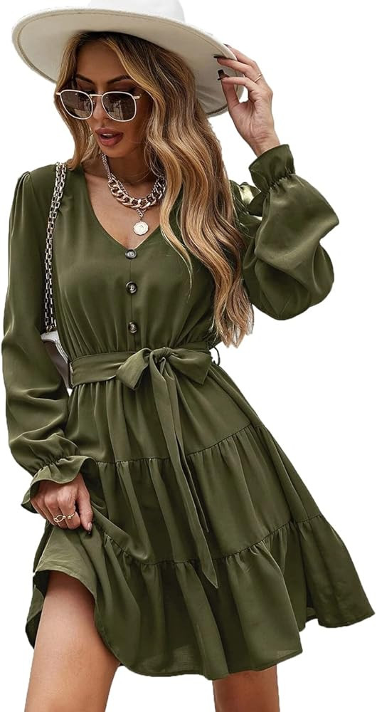 Anna-Kaci Women's Deep V Neck Long Sleeve Chiffon Elegant Swing Ruffle Mini Dress | Amazon (US)