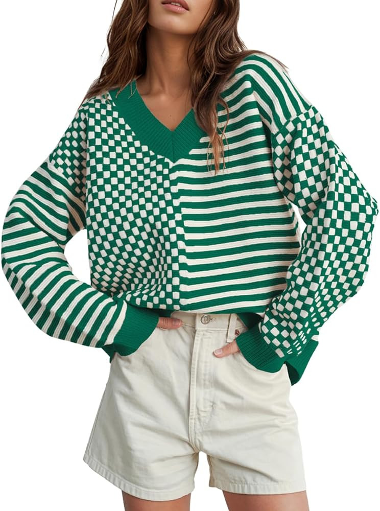 UNCLECAT Women's Striped Checkered Sweater 2024 V Neck Fall Sweaters Casual Knit Trendy Pullover ... | Amazon (US)