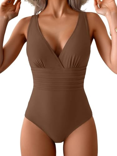 Eomenie One Piece Swimsuit for Women Tummy Control Slimming Bathing Suit Wide Straps V Neck Swim Suit Cross Back Swimwear Brown | Amazon (US)