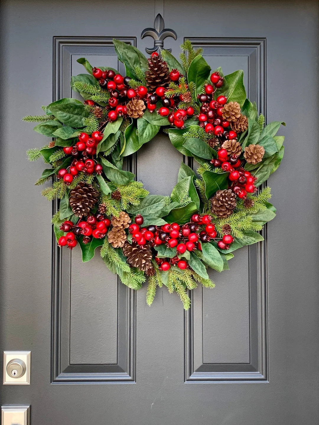 Christmas Magnolia and Red Berry Wreaths, Pine and Pinecone Door Hanger, Joy to the World Front D... | Etsy (US)