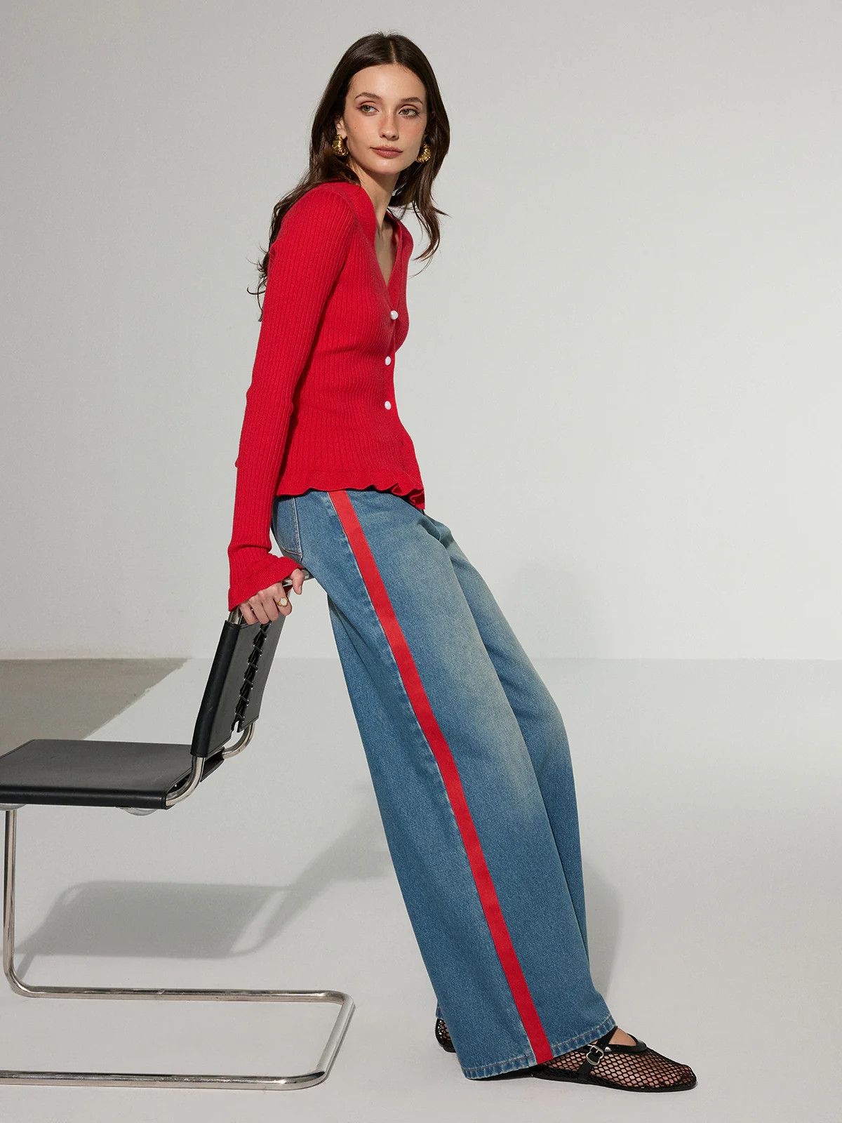 Contrast Side Striped Wide-Leg Jeans | Commense