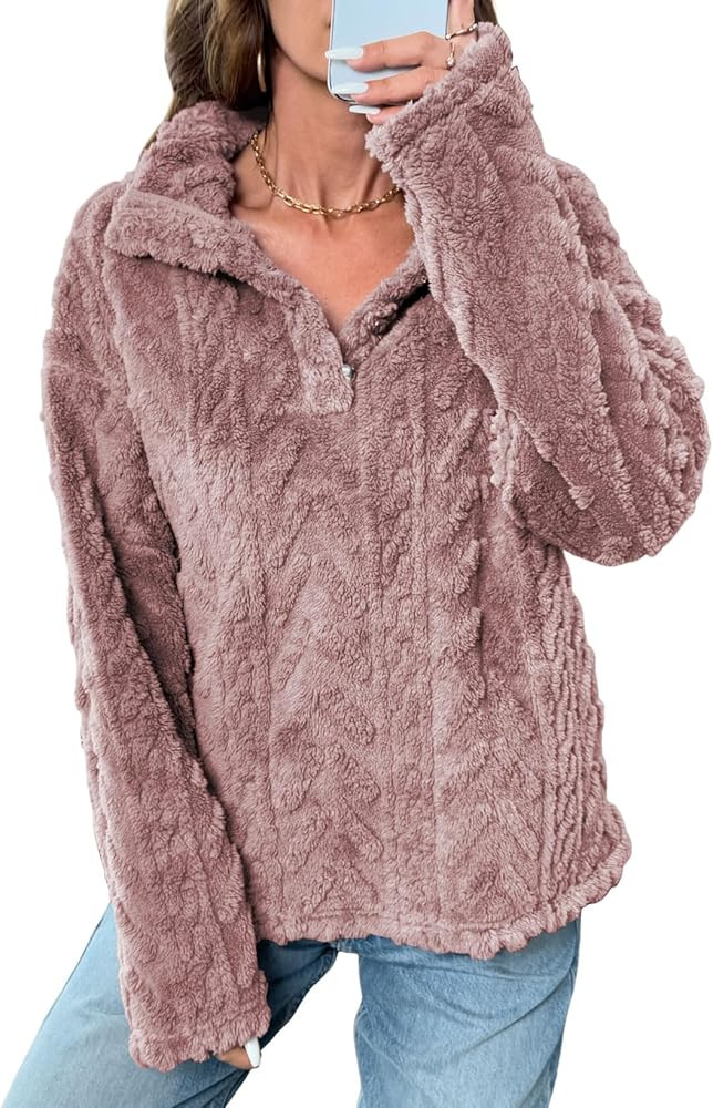 BLENCOT Womens Casual Button Down Collar Pullover Fleece Sweatshirt Long Sleeve Tops Warm Sherpa ... | Amazon (US)
