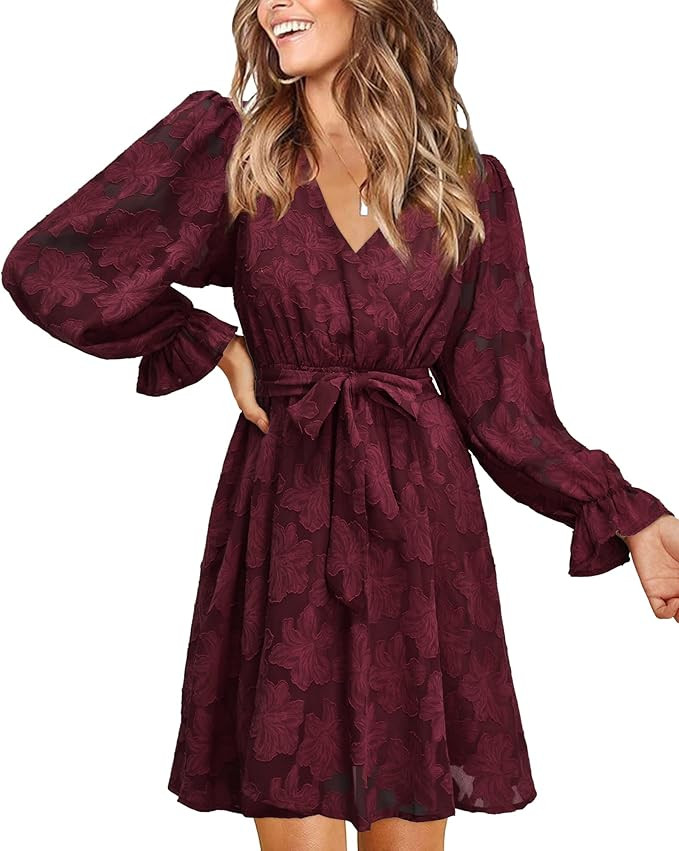 II ININ Women's Wedding Guest Dresses Long Sleeve Cocktail Dress Wrap V Neck Lace Tie Waist Mini ... | Amazon (US)