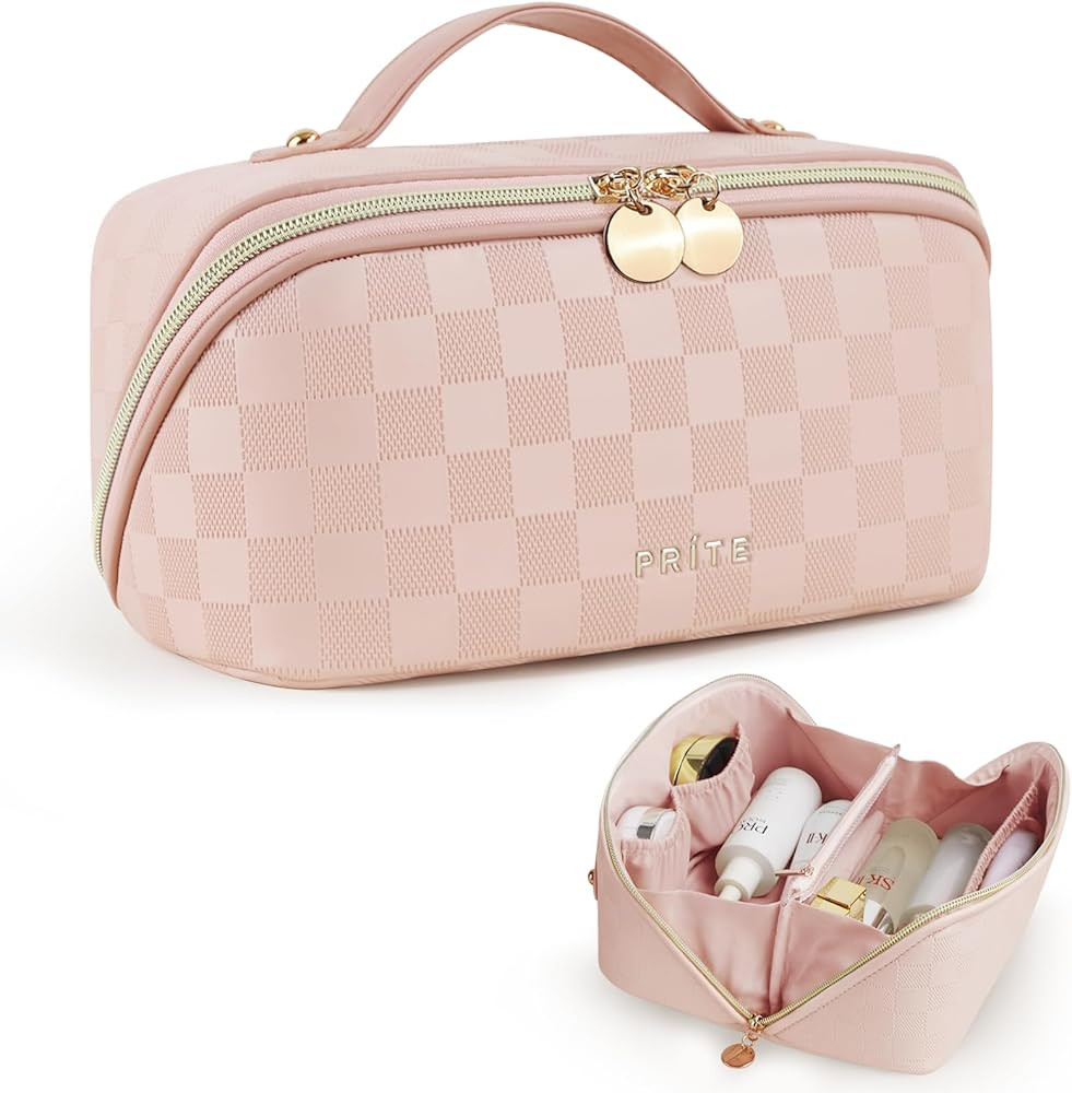 Prite Makeup Bag for Women Travel Waterproof Vegan Leather Cosmetic Bag Open Flat Toiletry Bag Wi... | Amazon (US)