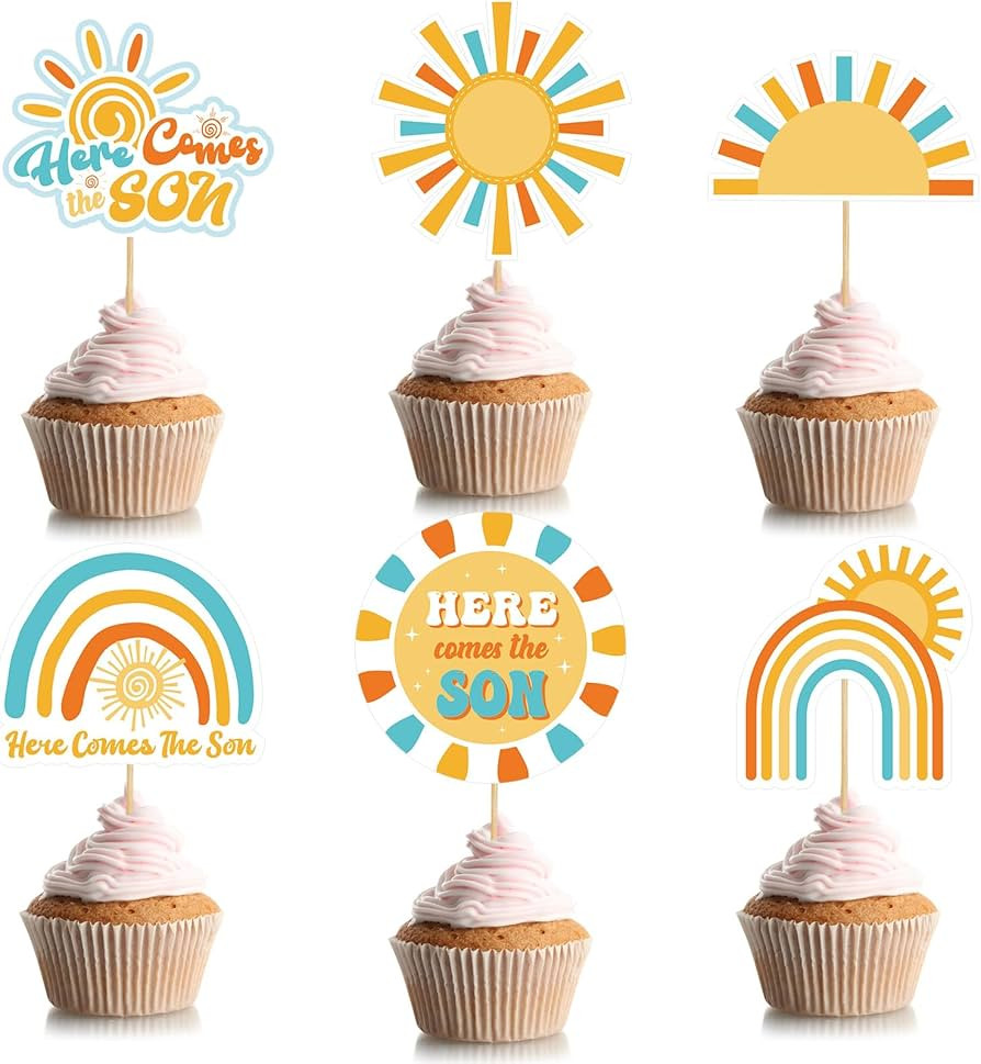 Soaoo 60 Pcs Here Comes the Son Cupcake Toppers Baby Shower Sun Cupcake Toppers Sunshine Cake and... | Amazon (US)