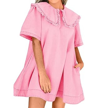 Wenrine Womens Summer Denim Mini Dress Oversized Peter Pan Collar Short Sleeve Casual Flowy Babyd... | Amazon (US)