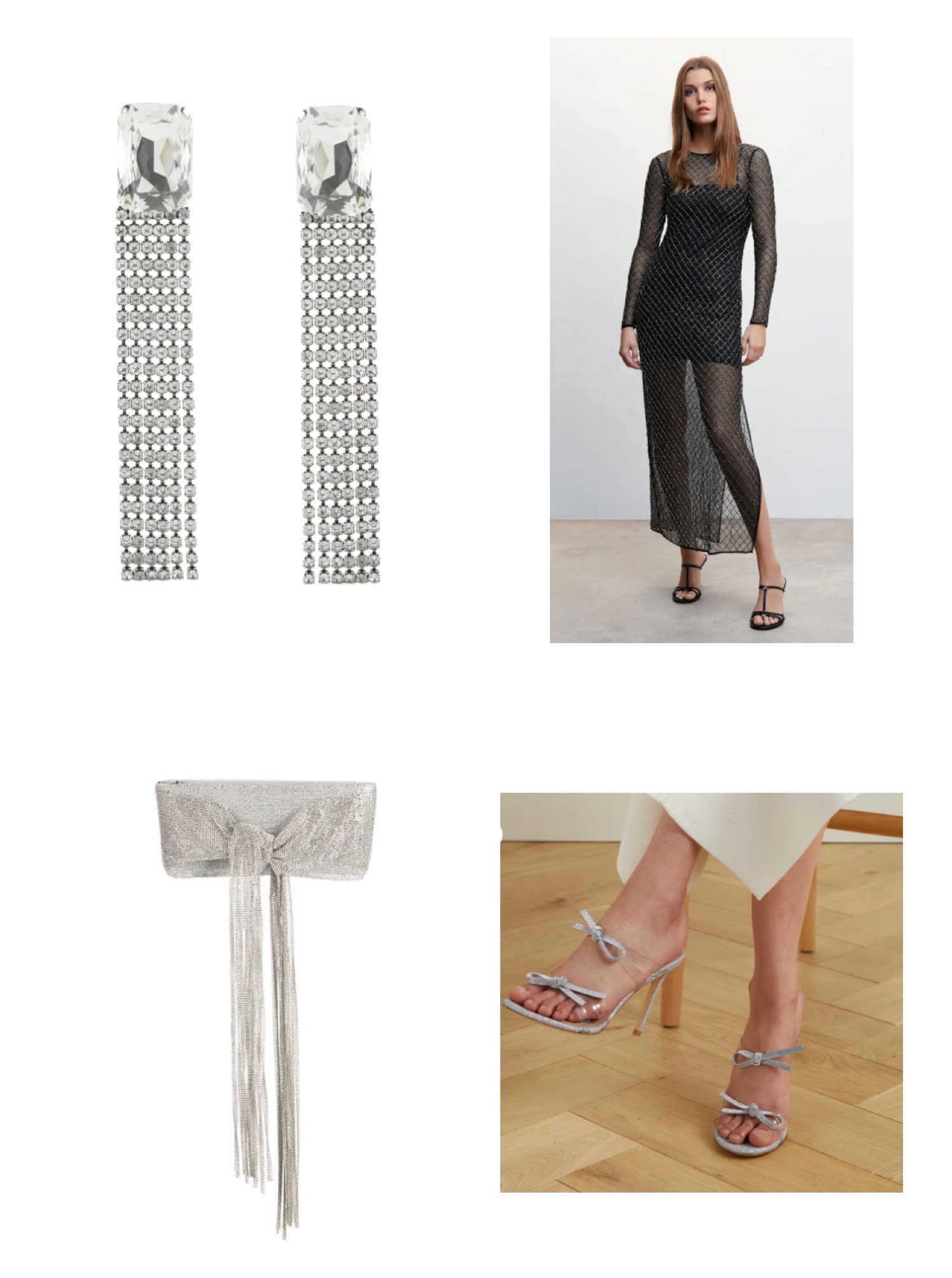 Festive Look- Black mesh dress with rhinestone detail, waterfall diamanté earrings, matching clutch bag and silver bow mules 

#LTKeurope #LTKSeasonal #LTKHoliday