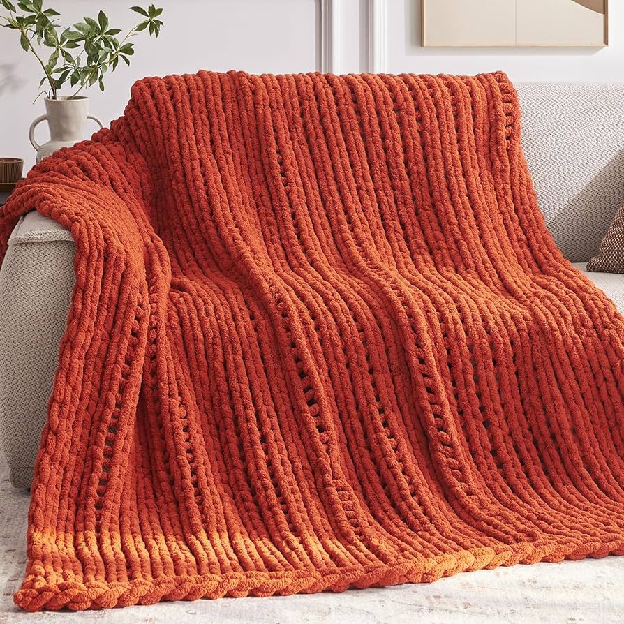 Chunky Knit Throw Blanket, 50''*60'' Knitted Throw Blankets for Bed Couch, Handmade Thick Orange ... | Amazon (US)