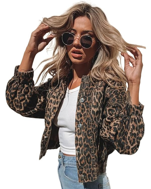 Justalwart Denim Jacket for Women Leopard Print Retro Shape Button-up Front Bomber Jacket | Amazon (US)