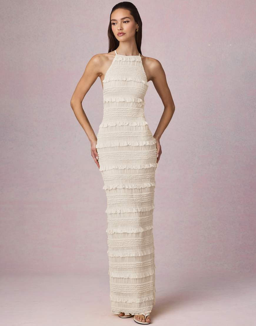 Oh Polly halter neck tie back detail ruffle trim maxi dress in ivory-White | ASOS (Global)
