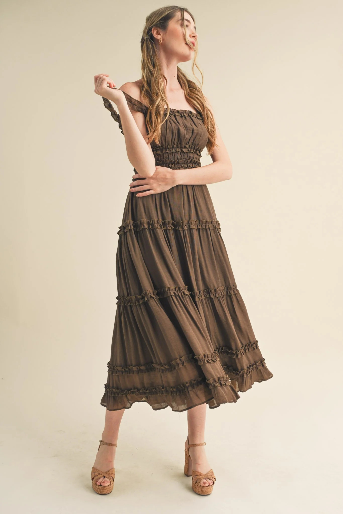 Brown Ruffled Midi Dress | PinkBlush Maternity