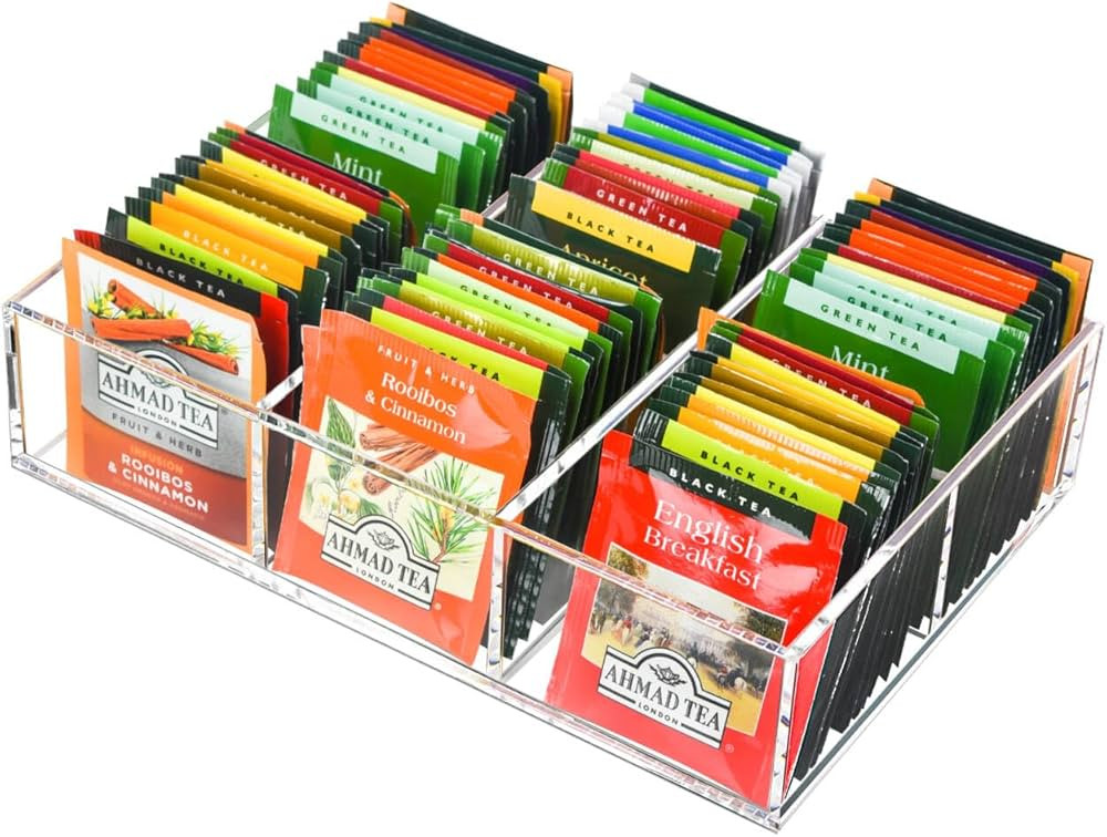 Tasybox Tea Bag Organizer, Clear Acrylic Tea Bag Holder with 6 Slot, Tea Packet Storage for Drawe... | Amazon (US)
