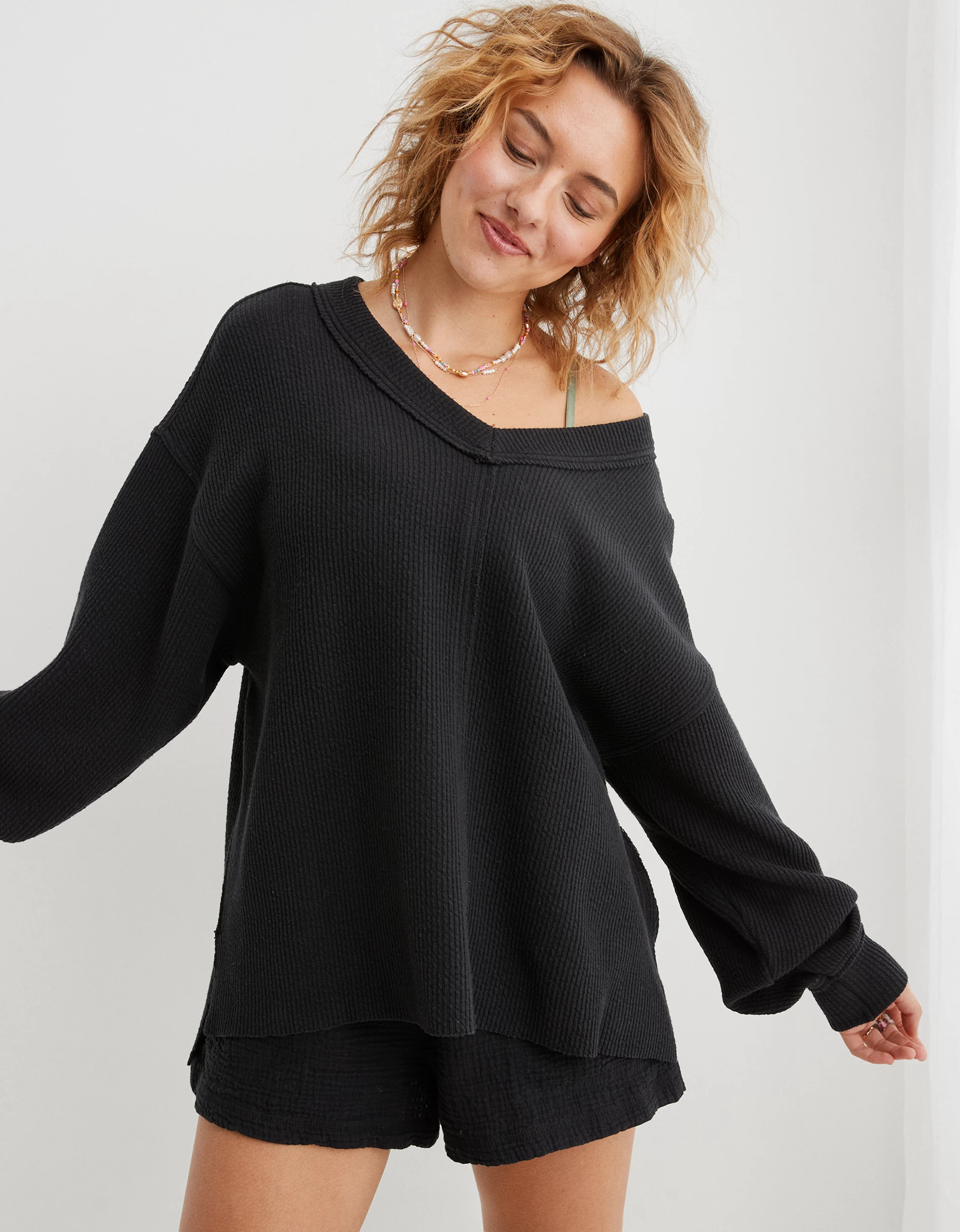 Aerie Wonder Textured V-Neck Sweatshirt | Aerie