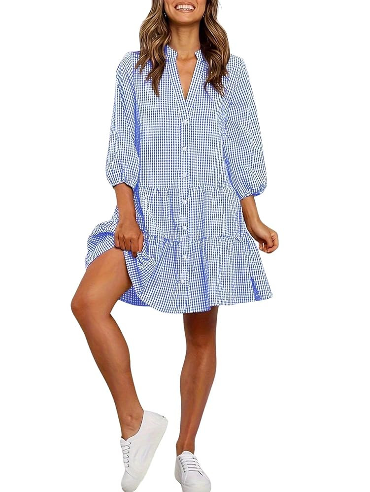 utcoco Women's 2025 Spring Summer Plaid Shirt Dress 3/4 Puff Sleeve Button Down Loose Casual Midi... | Amazon (CA)