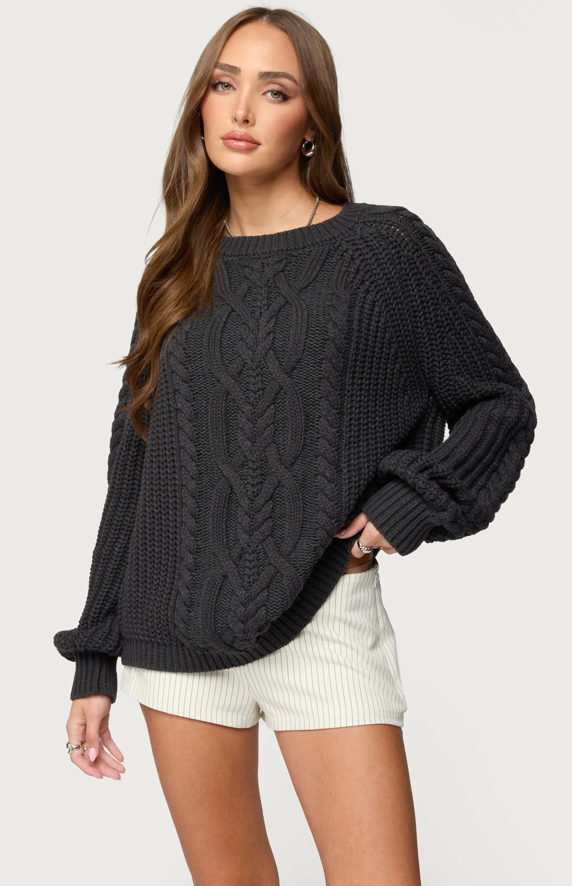 Edikted Women's Lira Chunky Cable Knit Sweater in Charcoal Heather - Size Large | PacSun