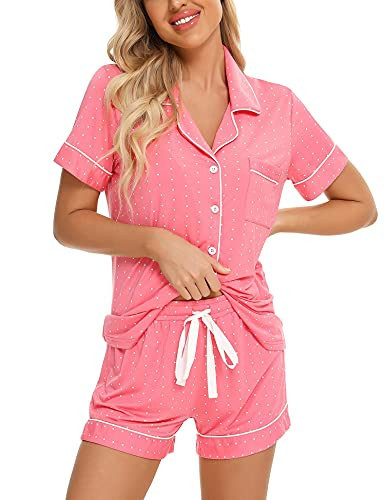 Anjue Pink Pajamas for Women Ladies Pajamas Sets Sleepwear Button Down Pjs Lounge Set(B-Pink Dot,XL) | Amazon (US)