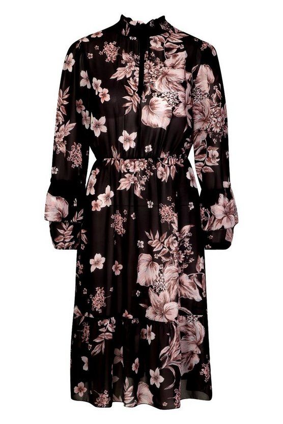 Floral Print Ruffle Neck Midi Dress | Boohoo.com (US & CA)