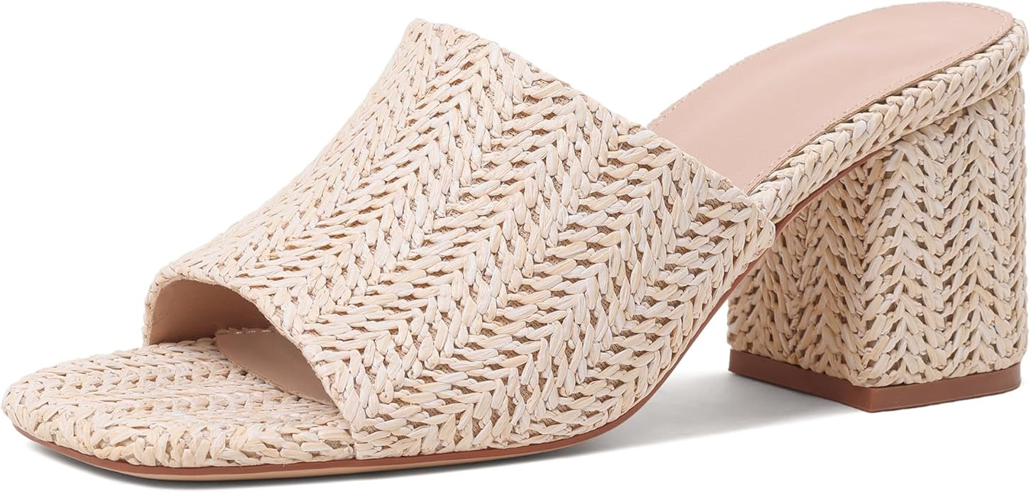 Ancomafio Heeled Sandals for Women，Raffia Sandals 2025 Chunky Heels Square Toe Mules Block Summ... | Amazon (US)