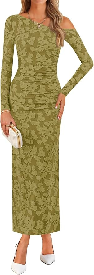 ZESICA Women's Fall Floral Off Shoulder Bodycon Maxi Dresses 2025 Long Sleeve Ruched Elegant Cock... | Amazon (US)