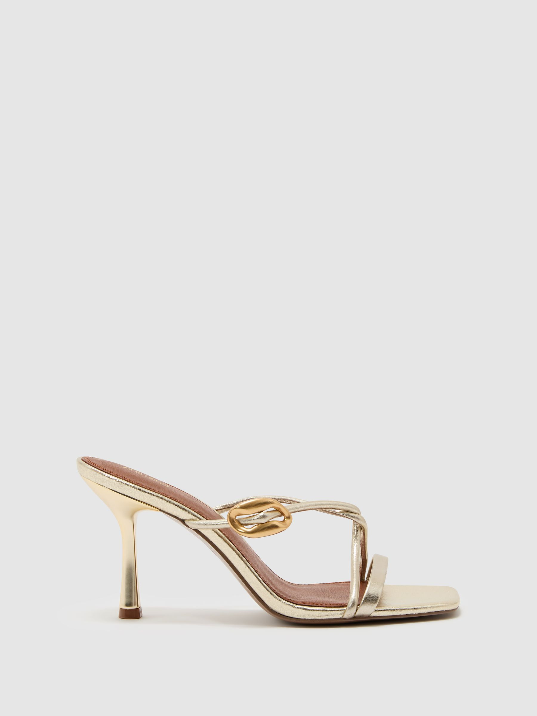 Reiss Leather Metallic Detail Heeled Sandals in Gold - REISS | Reiss UK