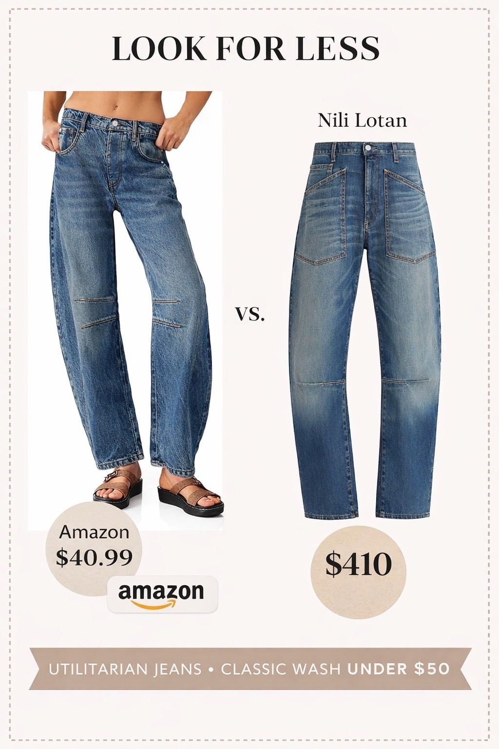 Designer-inspired denim without the designer price tag 👖✨
Found the perfect look-for-less pair on Amazon for $40.99 compared to the Nili Lotan pair at $410 and honestly… the vibe is SO good.

Same elevated barrel-leg / utility feel for a fraction of the price.
Linked in my LTK 🤍

#LTKStyle #LTKFinds #AmazonFashion #LookForLess #DesignerInspired


#LTKSaleAlert #LTKmomlife #LTKootd