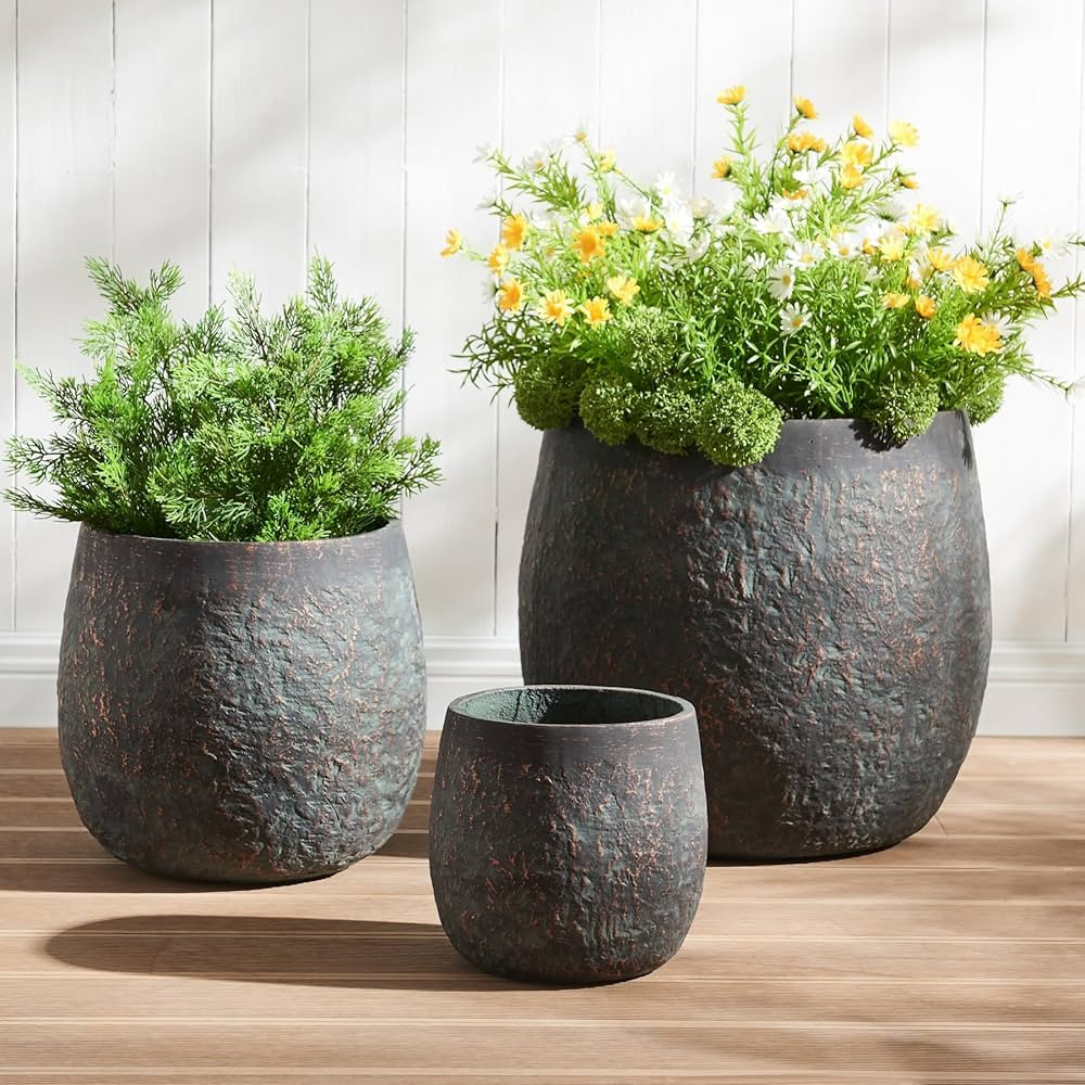 Large Outdoor Planter, 17.7"+13"+9.1" Dia Round Weathered Concrete Planter Set of 3, Flower Pots ... | Amazon (US)