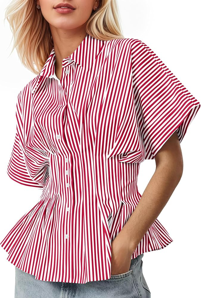 Womens Striped Button Down Shirts Short Sleeve Pleated Peplum Shirts Dressy Casual Lapel Tops Sum... | Amazon (US)