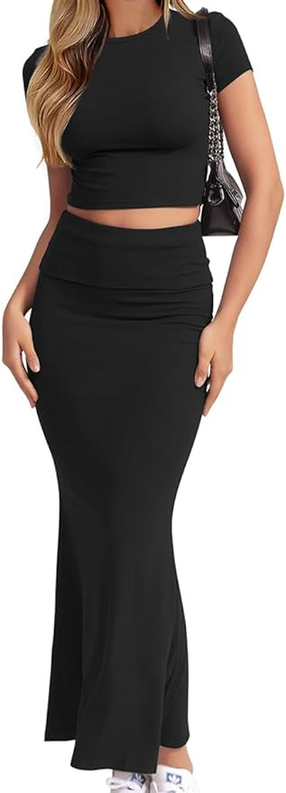 CHYRII Womens Two Piece Sets Short Sleeve Crewneck Cropped Top Bodycon Fold Over Maxi Skirt Maxi ... | Amazon (US)