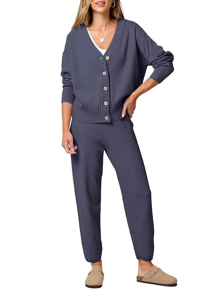 ANRABESS Women 2 Piece Outfits Waffle Knit Long Sleeve Cardigan Set Casual Sweater Pants Lounge S... | Amazon (US)