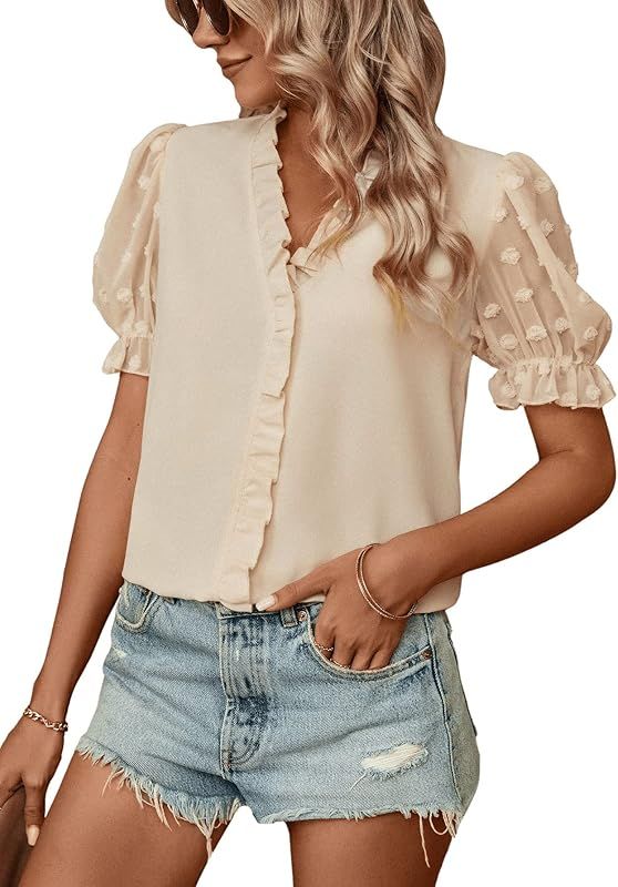 SweatyRocks Women's Short Puff Sleeve V Neck Shirt Swiss Dots Ruffle Trim Casual Blouse Top | Amazon (US)