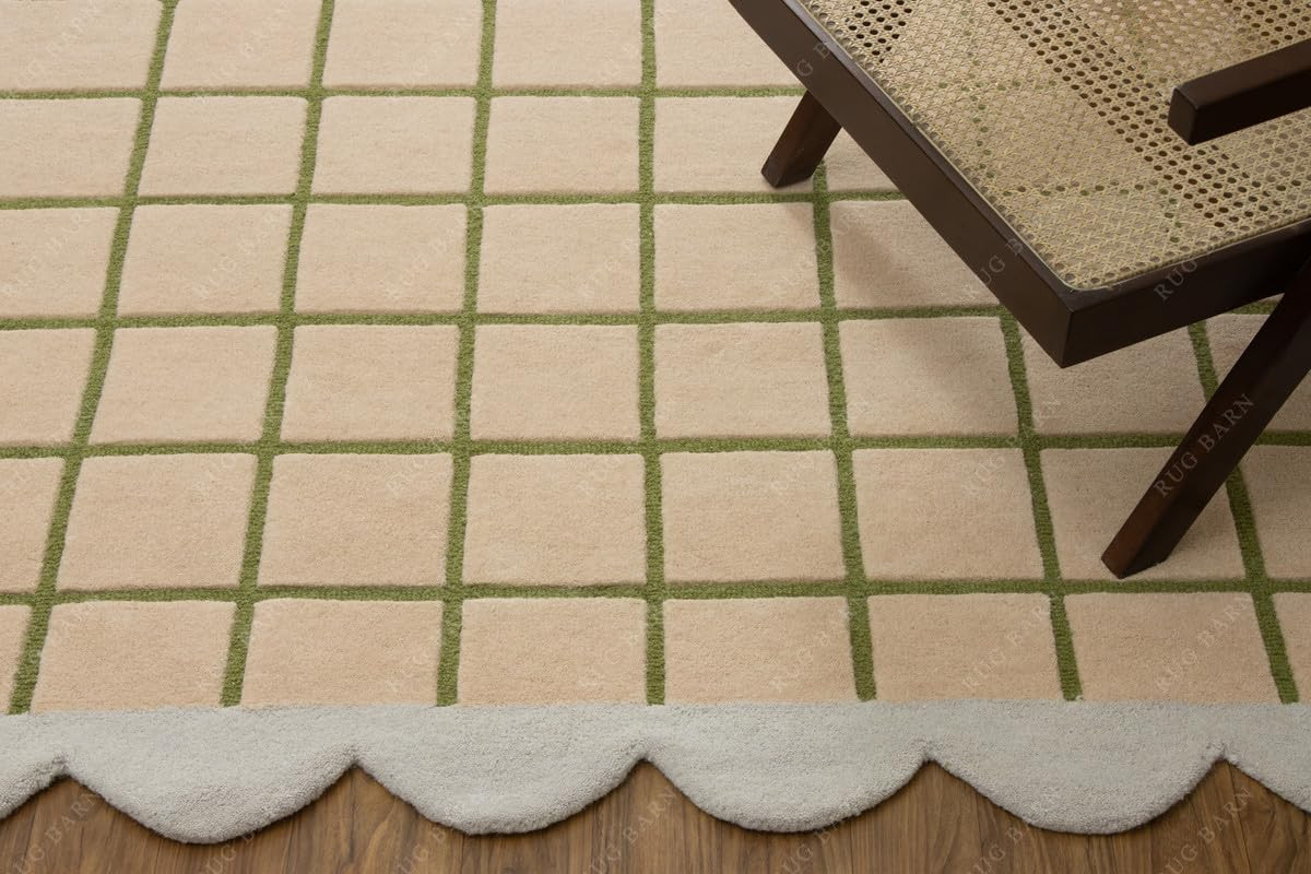 Hand-Tufted Wool Area Rug - 3x5 Ft, Beige & Blush Windowpane Grid with Olive Green Lines & Light Lavender Scalloped Border, Soft High-Low Pile Carpet for Living Room, Bedroom & Nursery | Amazon (US)