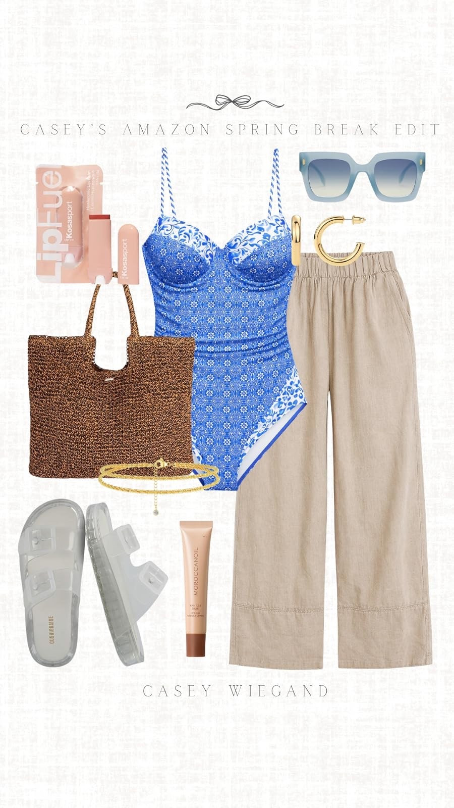 Stylish spring break essentials! This swimsuit, linen pants, and beach bag combo is perfect for a relaxed day by the water. #SpringBreakStyle

#LTKSeasonal #LTKootd #LTKSpringSale